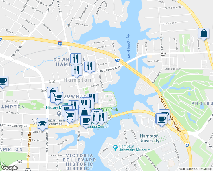 map of restaurants, bars, coffee shops, grocery stores, and more near 316 Syms Street in Hampton