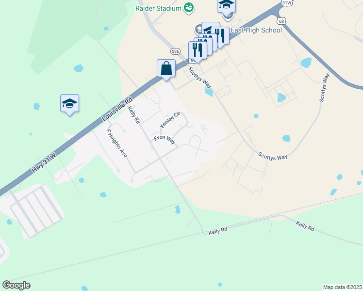 map of restaurants, bars, coffee shops, grocery stores, and more near Hilton Way in Bowling Green