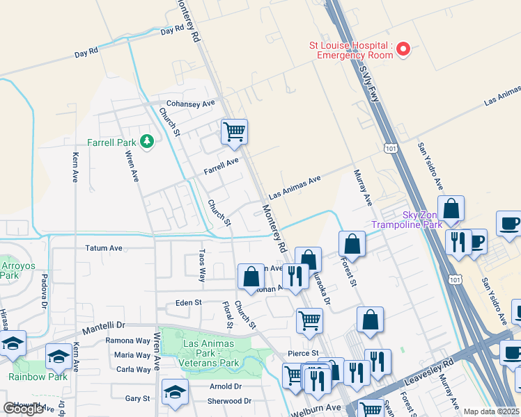 map of restaurants, bars, coffee shops, grocery stores, and more near 15 Canterbury Place in Gilroy