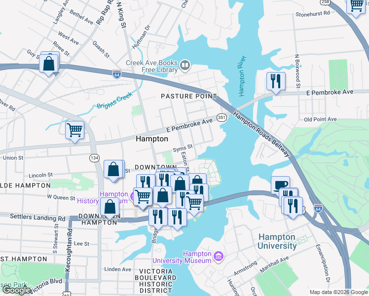 map of restaurants, bars, coffee shops, grocery stores, and more near 294 Eaton Street in Hampton