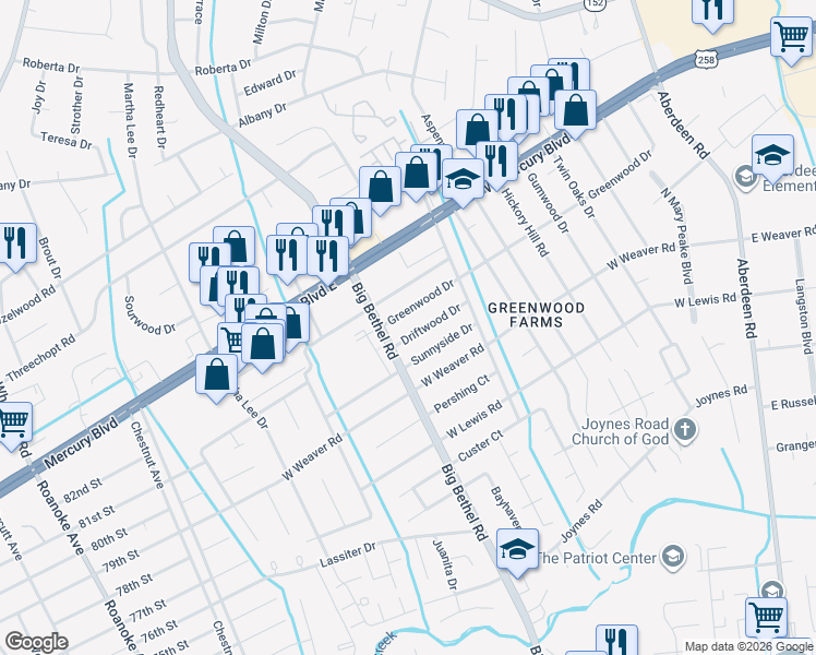 map of restaurants, bars, coffee shops, grocery stores, and more near 3324 Driftwood Drive in Hampton