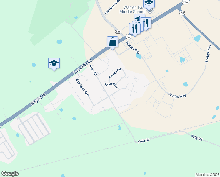 map of restaurants, bars, coffee shops, grocery stores, and more near 349 Hilton Way in Bowling Green