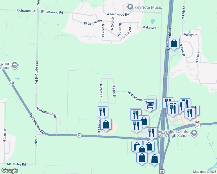map of restaurants, bars, coffee shops, grocery stores, and more near 1106 North 25th Street in Ozark