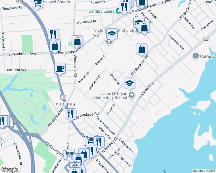 map of restaurants, bars, coffee shops, grocery stores, and more near 50 Lacrosse Street in Hampton