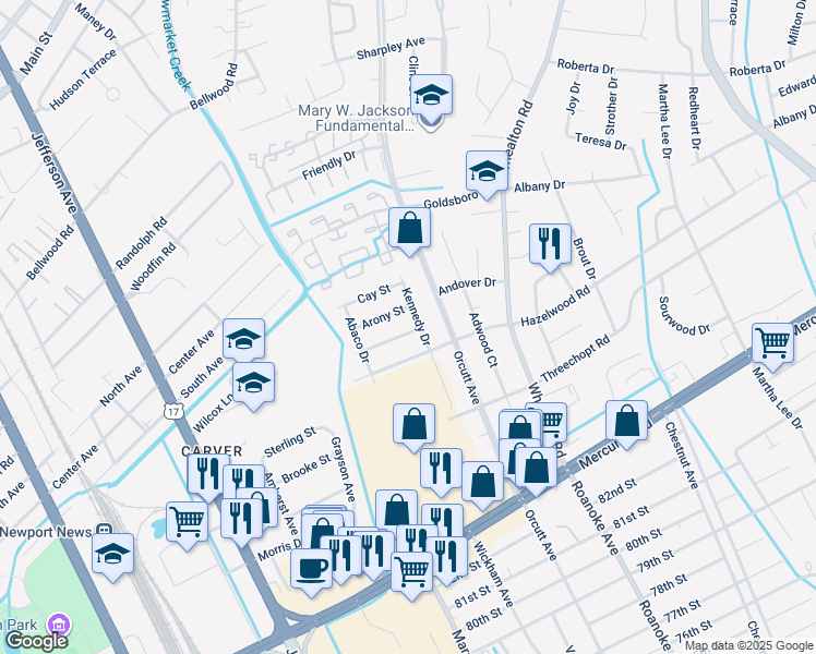 map of restaurants, bars, coffee shops, grocery stores, and more near 5002 Evelyn Court in Newport News