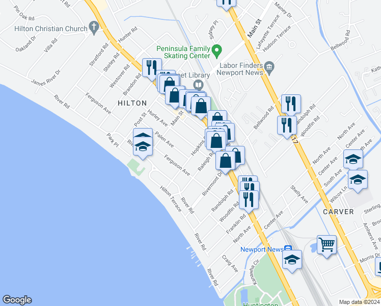 map of restaurants, bars, coffee shops, grocery stores, and more near 77 Hopkins Street in Newport News