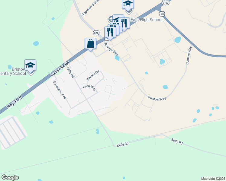 map of restaurants, bars, coffee shops, grocery stores, and more near 285 Kattawar Circle in Bowling Green