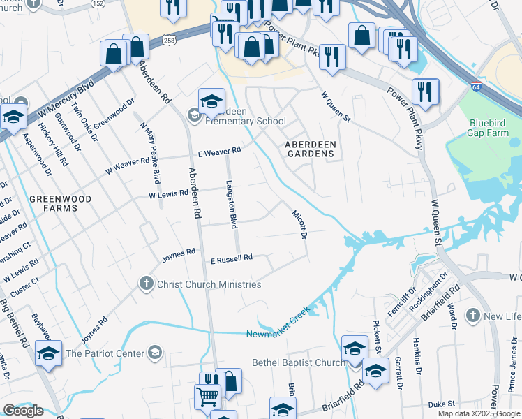 map of restaurants, bars, coffee shops, grocery stores, and more near 1111 Joyce Lee Circle in Hampton