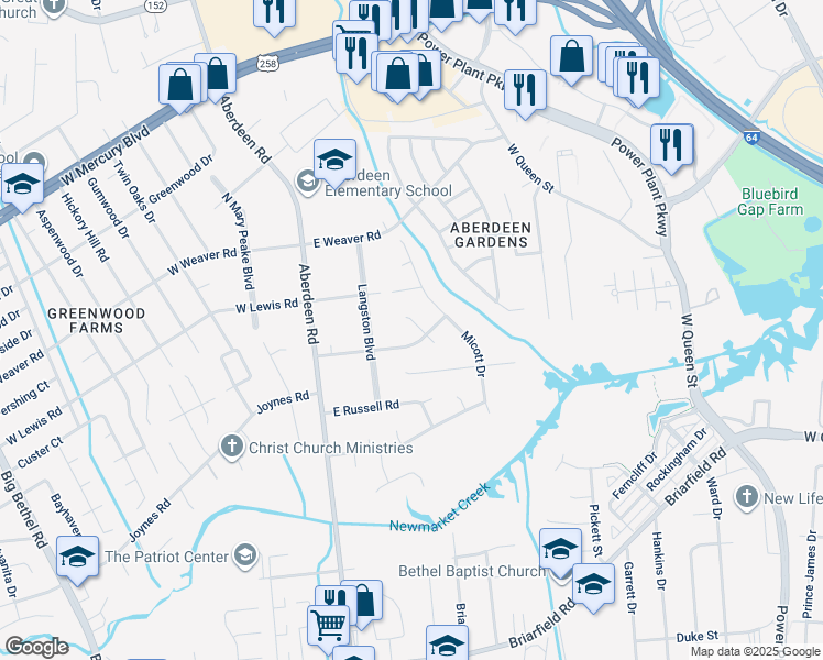 map of restaurants, bars, coffee shops, grocery stores, and more near 1111 Joyce Lee Circle in Hampton