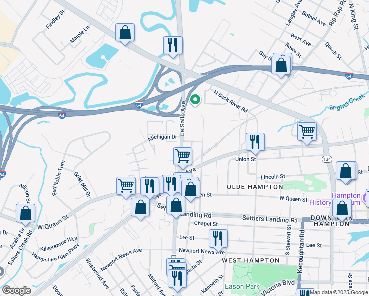 map of restaurants, bars, coffee shops, grocery stores, and more near 1232 LaSalle Avenue in Hampton