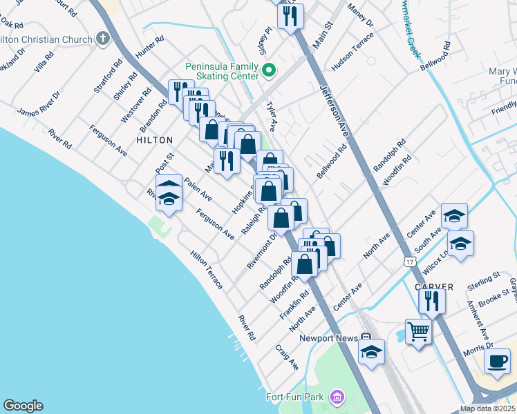 map of restaurants, bars, coffee shops, grocery stores, and more near 95 Raleigh Rd in Newport News
