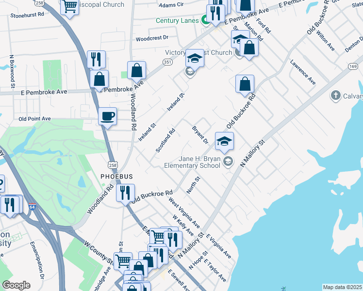 map of restaurants, bars, coffee shops, grocery stores, and more near 49 Lacrosse Street in Hampton