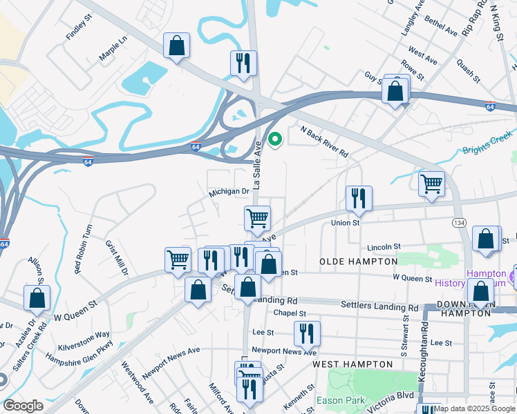 map of restaurants, bars, coffee shops, grocery stores, and more near 1232 LaSalle Avenue in Hampton