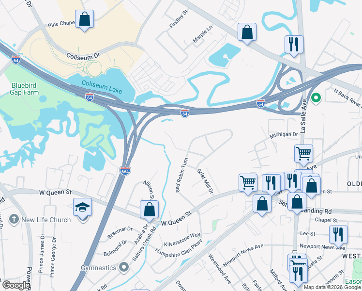 map of restaurants, bars, coffee shops, grocery stores, and more near 15 Mallard Run in Hampton