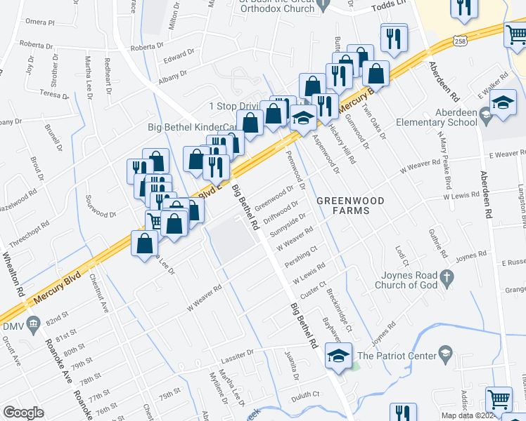 map of restaurants, bars, coffee shops, grocery stores, and more near 3325 Greenwood Drive in Hampton