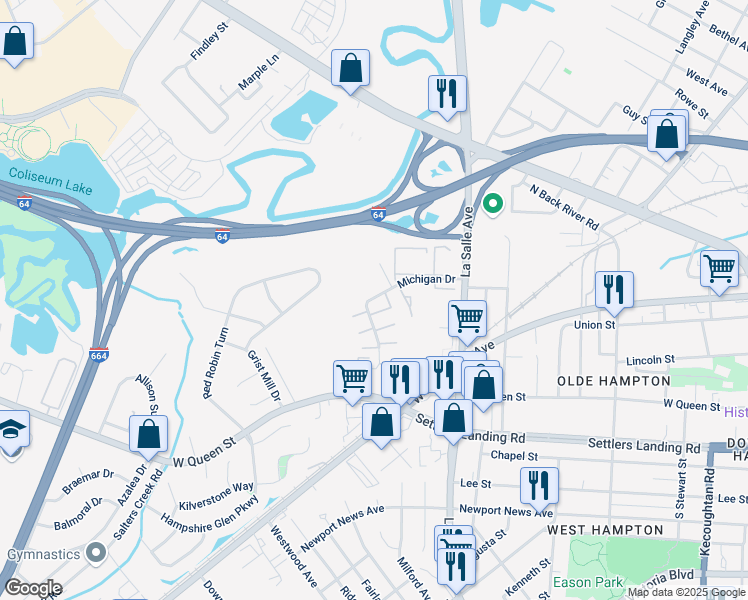 map of restaurants, bars, coffee shops, grocery stores, and more near 412 Michigan Drive in Hampton