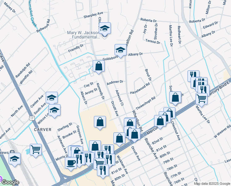 map of restaurants, bars, coffee shops, grocery stores, and more near 350 Adwood Court in Hampton