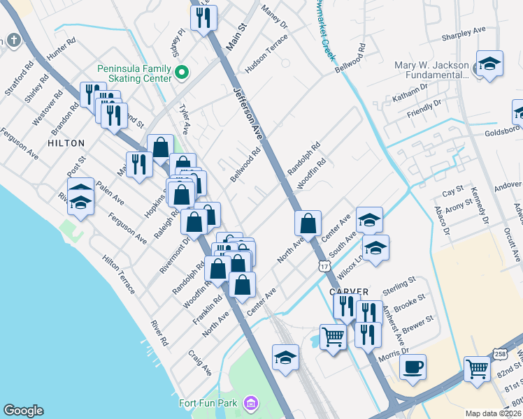 map of restaurants, bars, coffee shops, grocery stores, and more near 506 Randolph Road in Newport News