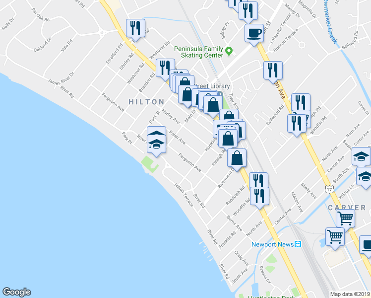 map of restaurants, bars, coffee shops, grocery stores, and more near 203 Palen Avenue in Newport News