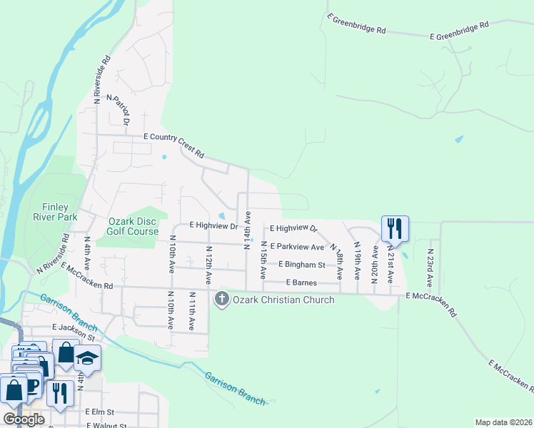 map of restaurants, bars, coffee shops, grocery stores, and more near 1109 North 15th Avenue in Ozark