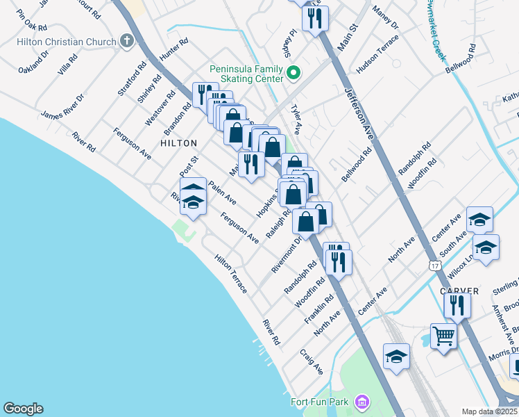 map of restaurants, bars, coffee shops, grocery stores, and more near 81 Hopkins Street in Newport News