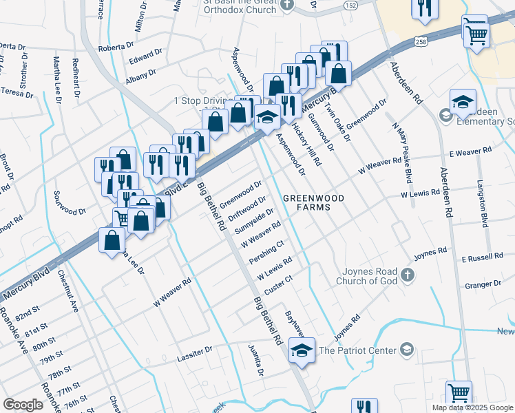 map of restaurants, bars, coffee shops, grocery stores, and more near 3309 Driftwood Drive in Hampton