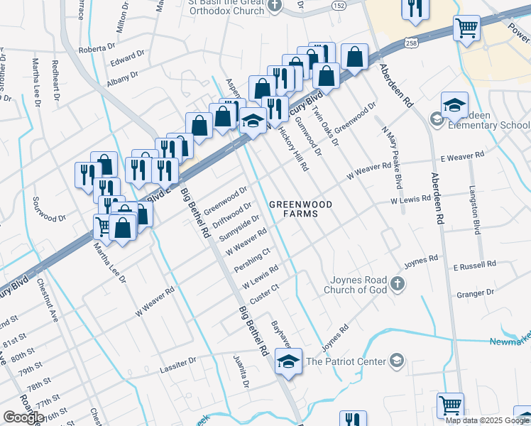 map of restaurants, bars, coffee shops, grocery stores, and more near 3300 West Weaver Road in Hampton