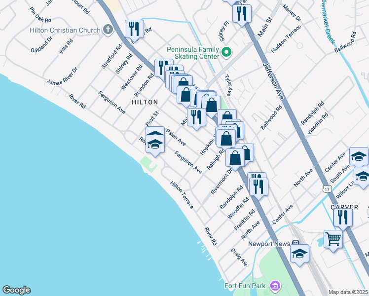 map of restaurants, bars, coffee shops, grocery stores, and more near 217 Palen Avenue in Newport News