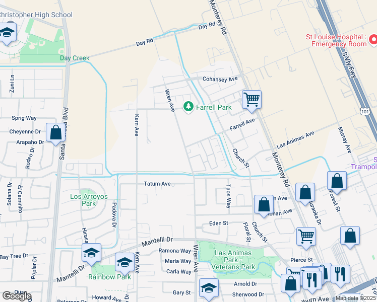 map of restaurants, bars, coffee shops, grocery stores, and more near 9290 Wren Avenue in Gilroy