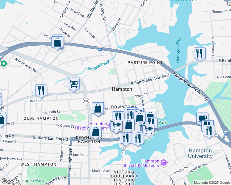 map of restaurants, bars, coffee shops, grocery stores, and more near 237 North King Street in Hampton
