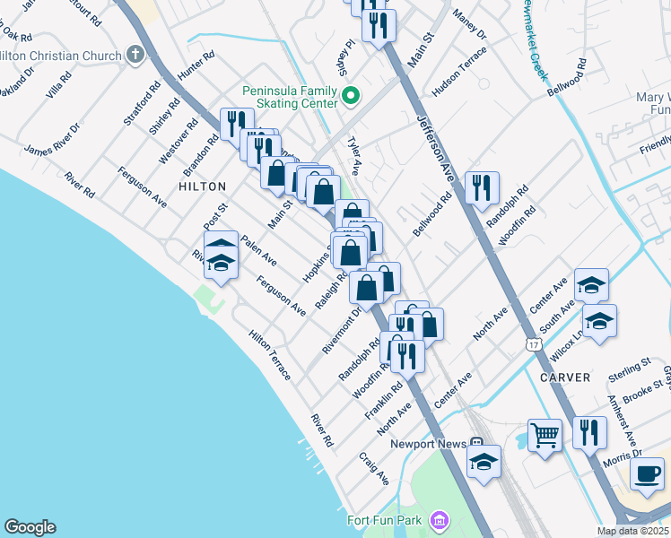 map of restaurants, bars, coffee shops, grocery stores, and more near 95 Raleigh Rd in Newport News