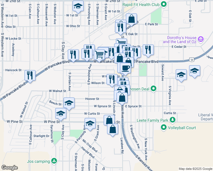 map of restaurants, bars, coffee shops, grocery stores, and more near 101-165 W Walnut St in Liberal