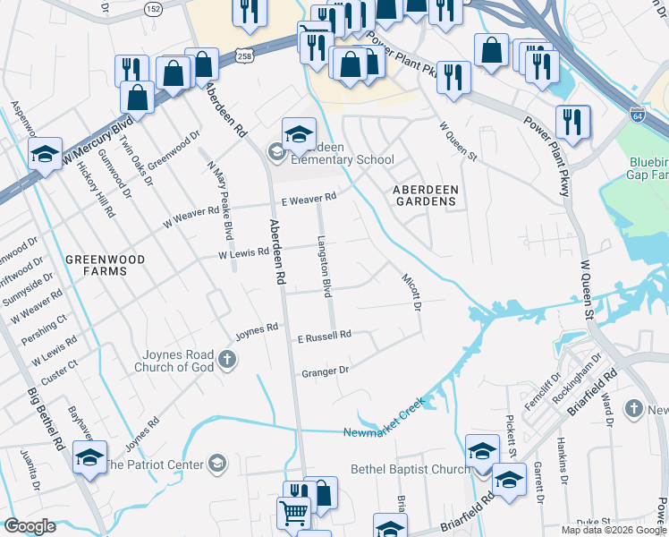 map of restaurants, bars, coffee shops, grocery stores, and more near 11 East Davis Road in Hampton
