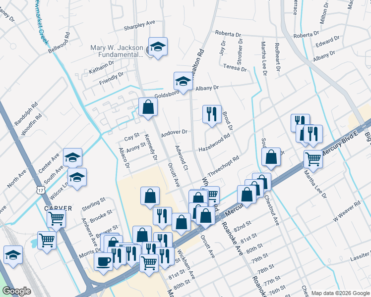 map of restaurants, bars, coffee shops, grocery stores, and more near 350 Adwood Court in Hampton