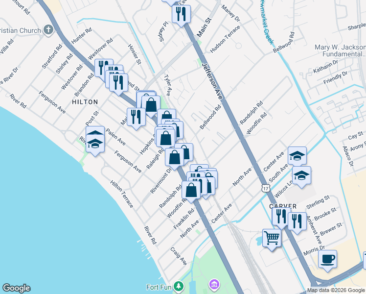map of restaurants, bars, coffee shops, grocery stores, and more near 9916 Hosier Street in Newport News