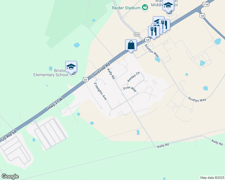 map of restaurants, bars, coffee shops, grocery stores, and more near 255 East Heights Avenue in Bowling Green