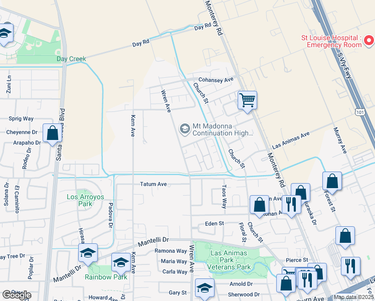map of restaurants, bars, coffee shops, grocery stores, and more near 9260 Wren Avenue in Gilroy