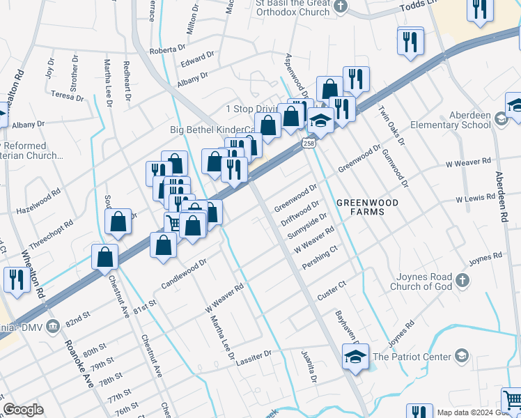 map of restaurants, bars, coffee shops, grocery stores, and more near 3401 Candlewood Drive in Hampton