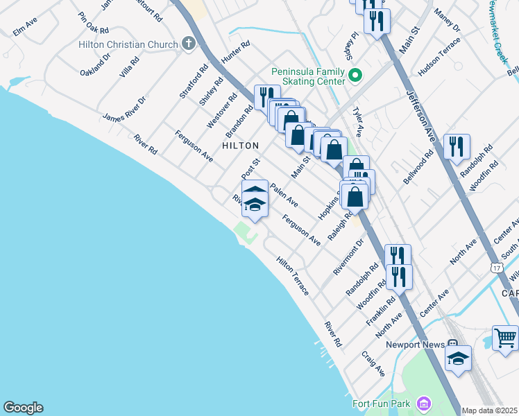 map of restaurants, bars, coffee shops, grocery stores, and more near 45 Main Street in Newport News