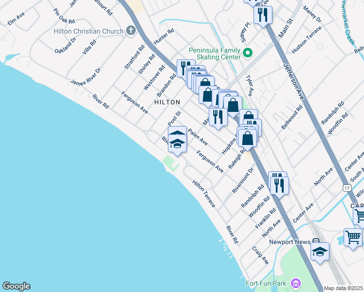 map of restaurants, bars, coffee shops, grocery stores, and more near 45 Main Street in Newport News
