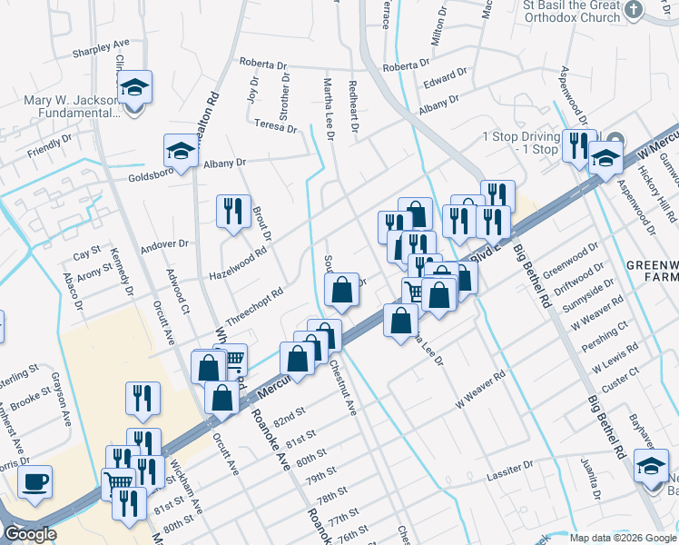 map of restaurants, bars, coffee shops, grocery stores, and more near 315 Sourwood Drive in Hampton
