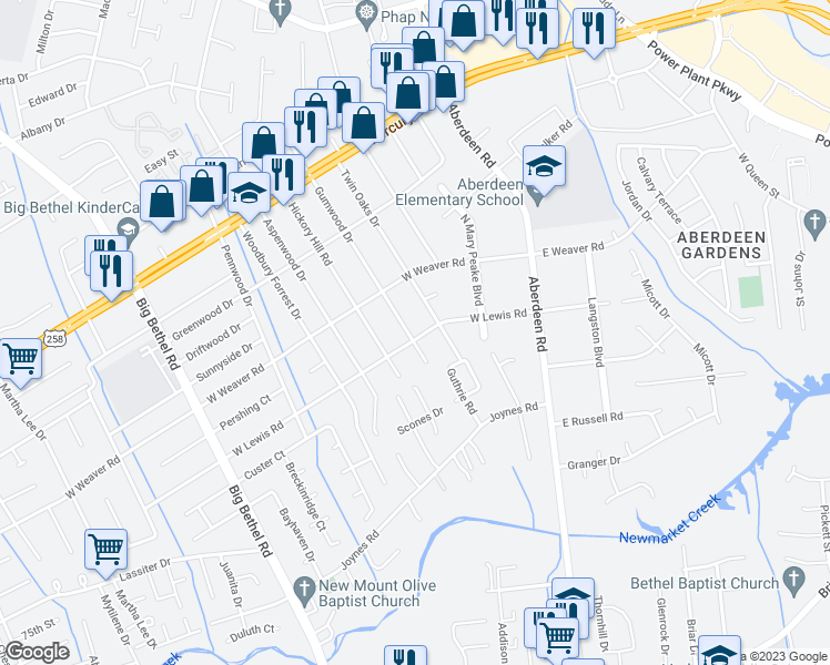 map of restaurants, bars, coffee shops, grocery stores, and more near 117 Gumwood Drive in Hampton