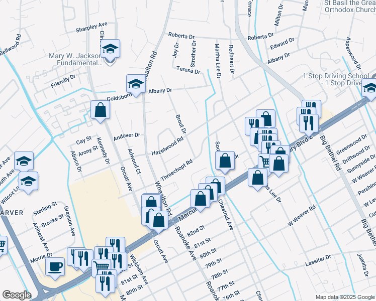 map of restaurants, bars, coffee shops, grocery stores, and more near 329 Brout Drive in Hampton