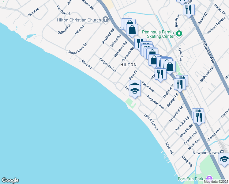 map of restaurants, bars, coffee shops, grocery stores, and more near 405 Park Place in Newport News