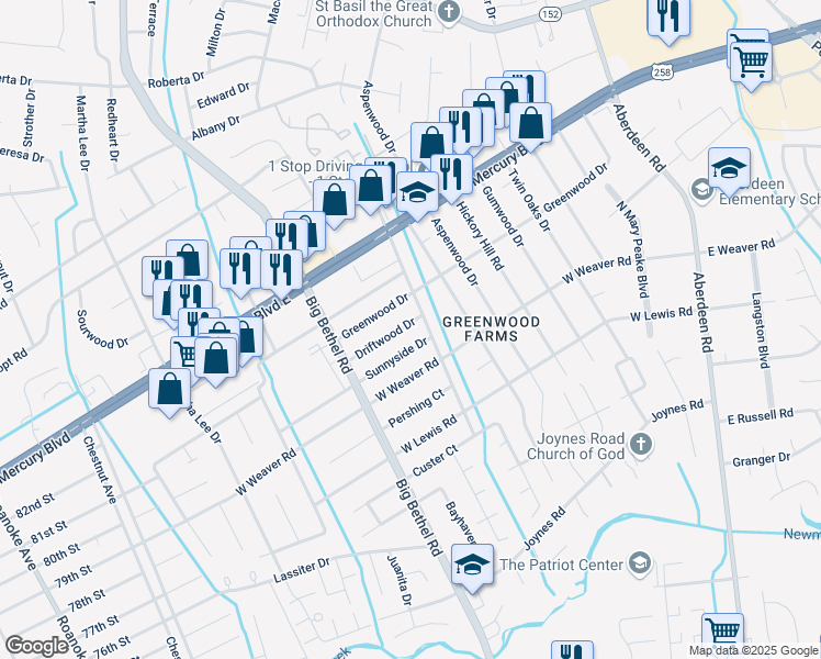map of restaurants, bars, coffee shops, grocery stores, and more near 3312 Sunnyside Drive in Hampton