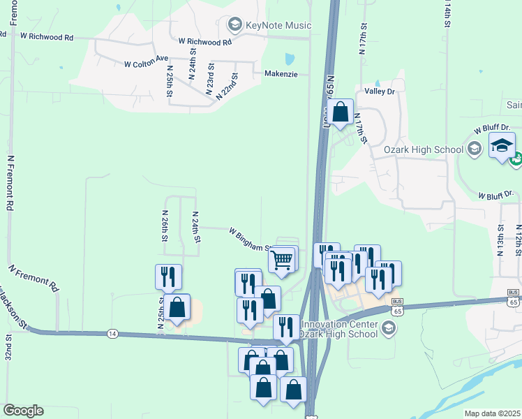 map of restaurants, bars, coffee shops, grocery stores, and more near 1101 North Missouri Drive in Ozark