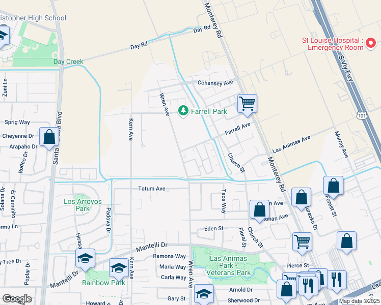 map of restaurants, bars, coffee shops, grocery stores, and more near 290 Farrell Avenue in Gilroy