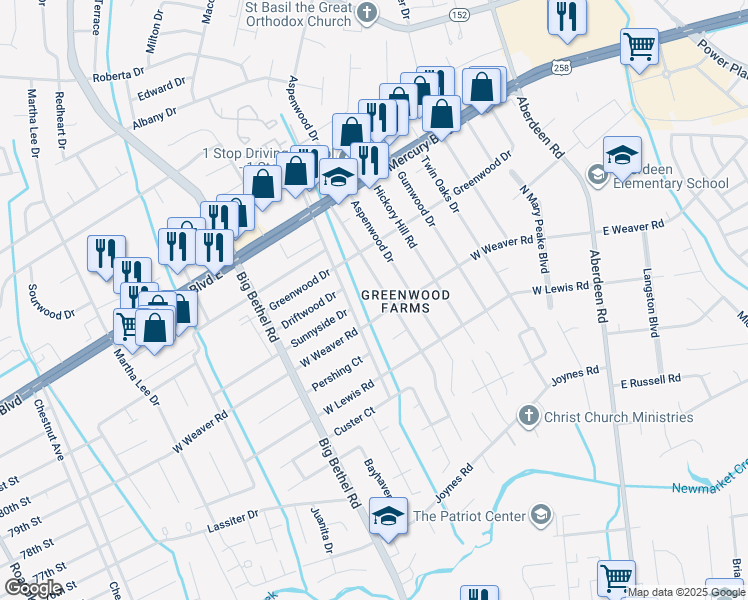 map of restaurants, bars, coffee shops, grocery stores, and more near 38 Woodbury Forrest Drive in Hampton