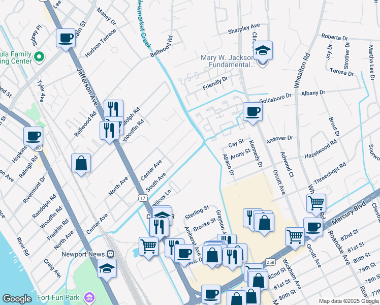 map of restaurants, bars, coffee shops, grocery stores, and more near 936 South Ave in Newport News