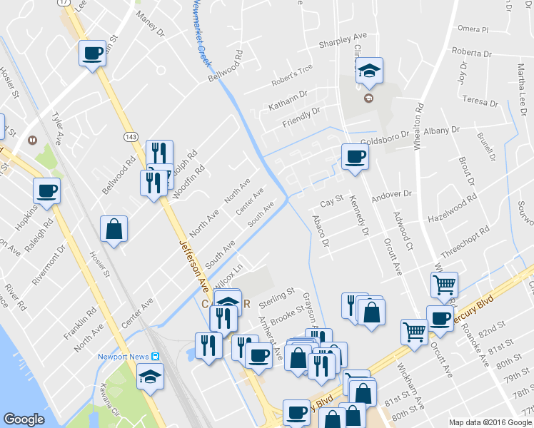 map of restaurants, bars, coffee shops, grocery stores, and more near 936 South Ave in Newport News